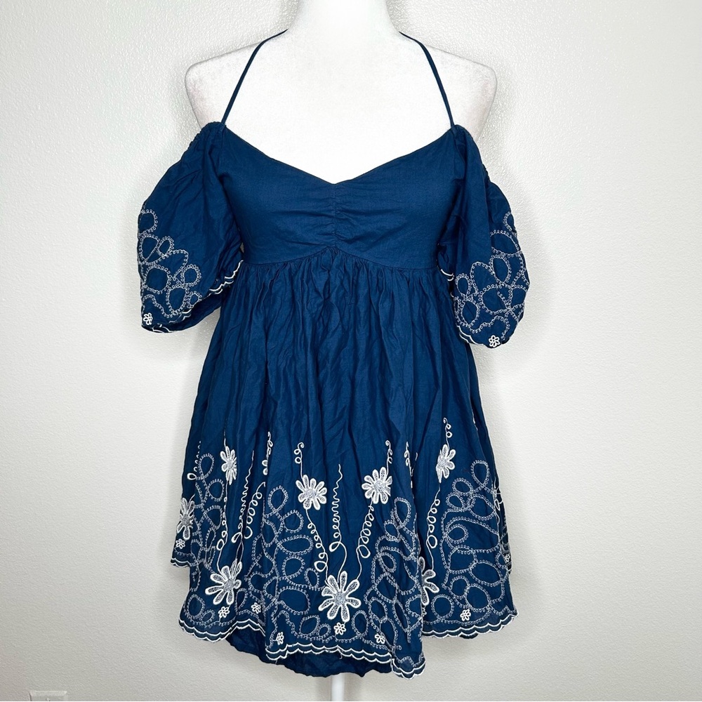 Urban Outfitters Womens Blue Embroidered Off Shoulder Smocked Mini Dress Size M